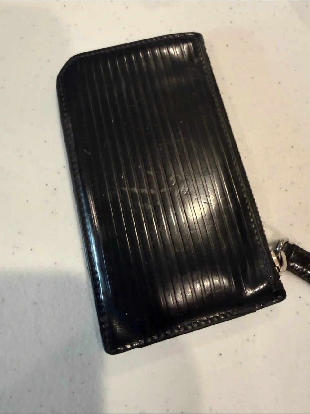 Saint Laurent Black Glossy Ridged Leather Card Case with Zip